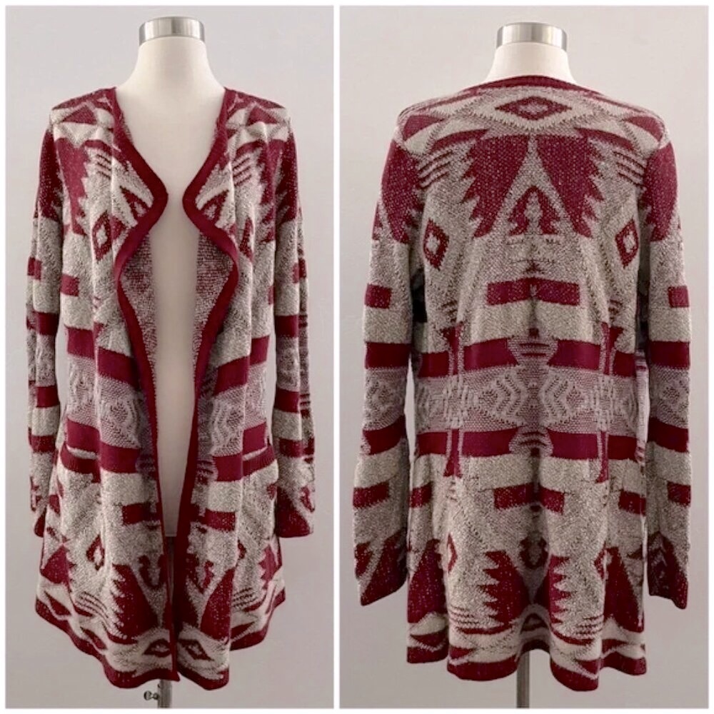 Lucky Brand Open Front Cardigan Sweater Medium Western Aztec Print
